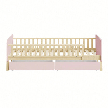 Kinderbett 90x190 mit 2 Schubladen, Einzelbett aus Massivholz mit Lattenrost, Rosa