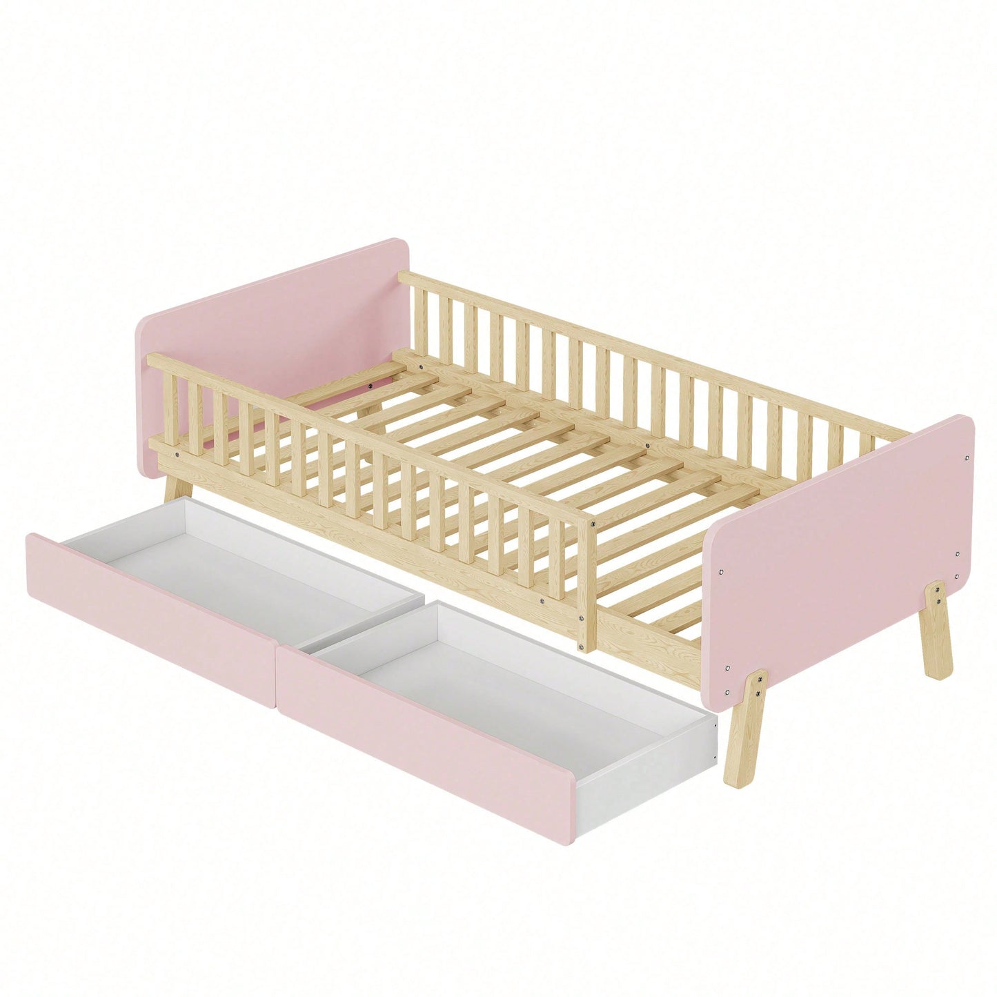 Kinderbett 90x190 mit 2 Schubladen, Einzelbett aus Massivholz mit Lattenrost, Rosa