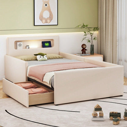 Polsterbett Kinderbett 90*200 cm, Mit Nachtlicht und USB-Ladeanschluss, Mit Ablagefächern, Erhöhte Seitenteile zur Sicherheit, Einfaches Einzelbett, Jungen- und Mädchenbett, Kunstlederstoff, Beige