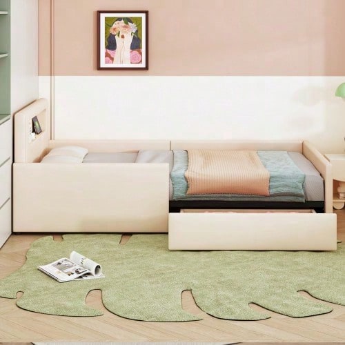 Polsterbett Kinderbett 90*200 cm, Mit Nachtlicht und USB-Ladeanschluss, Mit Ablagefächern, Erhöhte Seitenteile zur Sicherheit, Einfaches Einzelbett, Jungen- und Mädchenbett, Kunstlederstoff, Beige