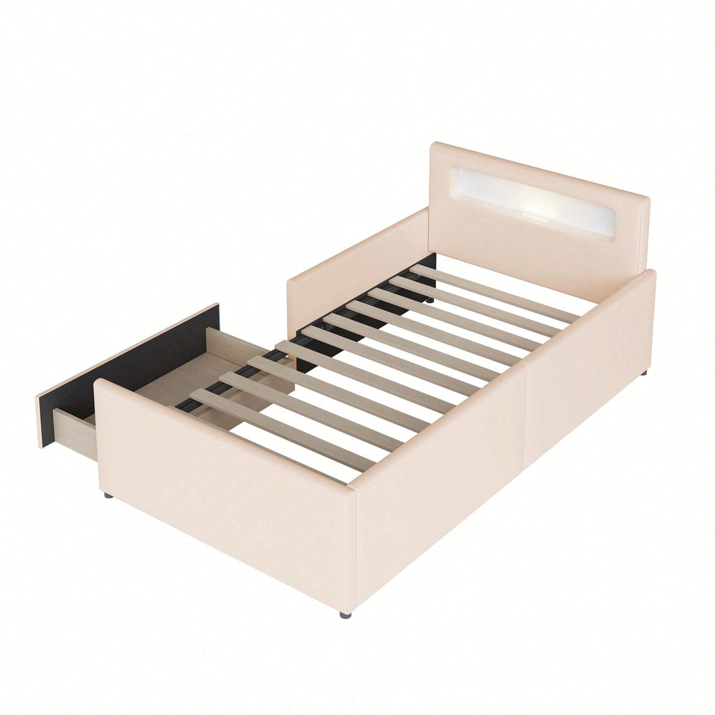 Polsterbett Kinderbett 90*200 cm, Mit Nachtlicht und USB-Ladeanschluss, Mit Ablagefächern, Erhöhte Seitenteile zur Sicherheit, Einfaches Einzelbett, Jungen- und Mädchenbett, Kunstlederstoff, Beige