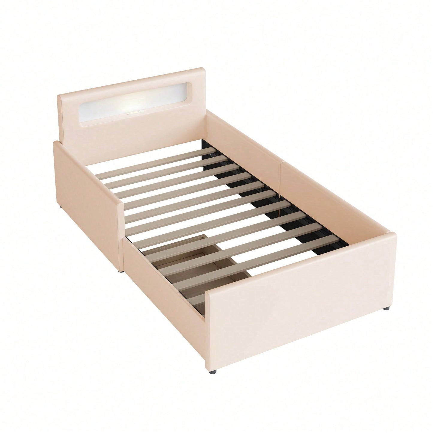 Polsterbett Kinderbett 90*200 cm, Mit Nachtlicht und USB-Ladeanschluss, Mit Ablagefächern, Erhöhte Seitenteile zur Sicherheit, Einfaches Einzelbett, Jungen- und Mädchenbett, Kunstlederstoff, Beige