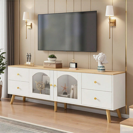 TV-Schrank mit Stauraum, Dekoschrank mit 2 Seitentüren Hartglas, TV-Entertainment Dekotisch mit geschwungenem Design, geeignet für Esszimmer, Wohnzimmer, Eingangsbereich, weißes Original-Holzdekor mit