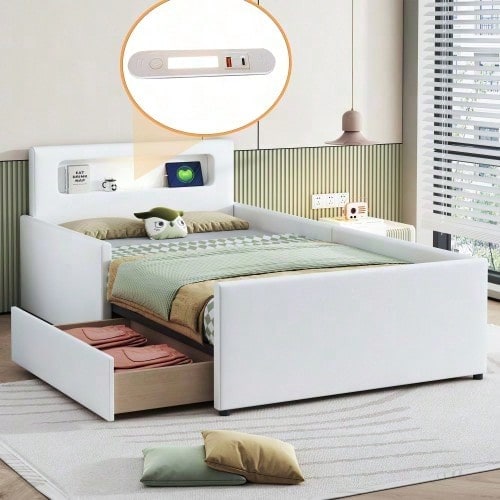 Polsterbett Kinderbett 90*200 cm, Mit Nachtlicht und USB-Ladeanschluss, Mit Ablagefächern, Erhöhte Seitenteile zur Sicherheit, Einfaches Einzelbett, Jungen- und Mädchenbett, Kunstlederstoff, Beige