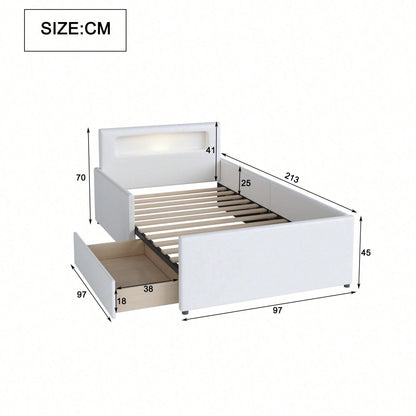 Polsterbett Kinderbett 90*200 cm, Mit Nachtlicht und USB-Ladeanschluss, Mit Ablagefächern, Erhöhte Seitenteile zur Sicherheit, Einfaches Einzelbett, Jungen- und Mädchenbett, Kunstlederstoff, Beige