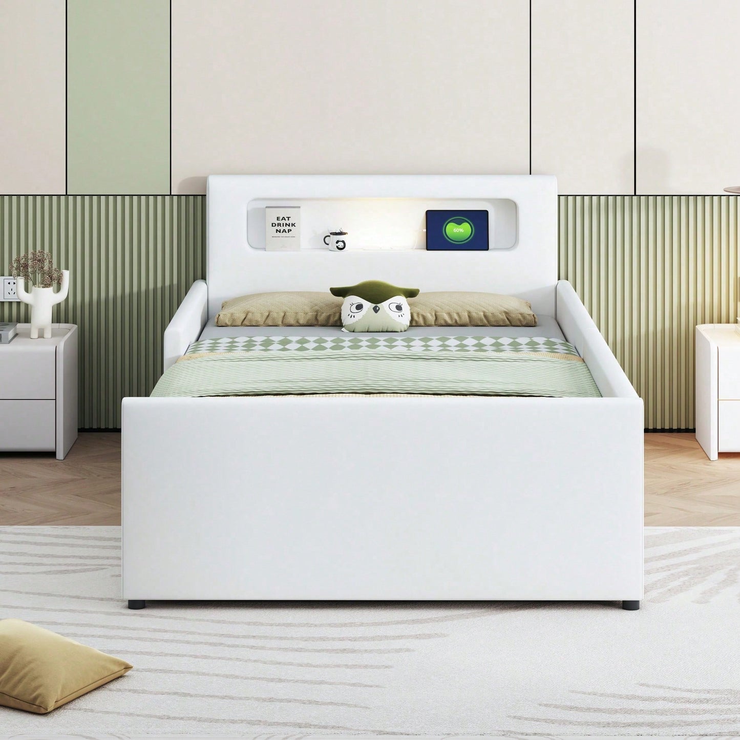 Polsterbett Kinderbett 90*200 cm, Mit Nachtlicht und USB-Ladeanschluss, Mit Ablagefächern, Erhöhte Seitenteile zur Sicherheit, Einfaches Einzelbett, Jungen- und Mädchenbett, Kunstlederstoff, Beige