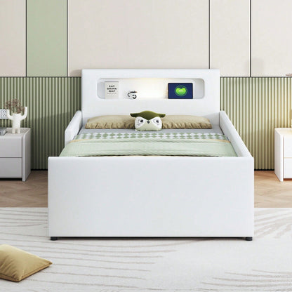 Polsterbett Kinderbett 90*200 cm, Mit Nachtlicht und USB-Ladeanschluss, Mit Ablagefächern, Erhöhte Seitenteile zur Sicherheit, Einfaches Einzelbett, Jungen- und Mädchenbett, Kunstlederstoff, Beige