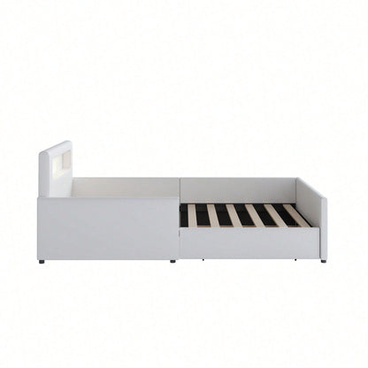 Polsterbett Kinderbett 90*200 cm, Mit Nachtlicht und USB-Ladeanschluss, Mit Ablagefächern, Erhöhte Seitenteile zur Sicherheit, Einfaches Einzelbett, Jungen- und Mädchenbett, Kunstlederstoff, Beige
