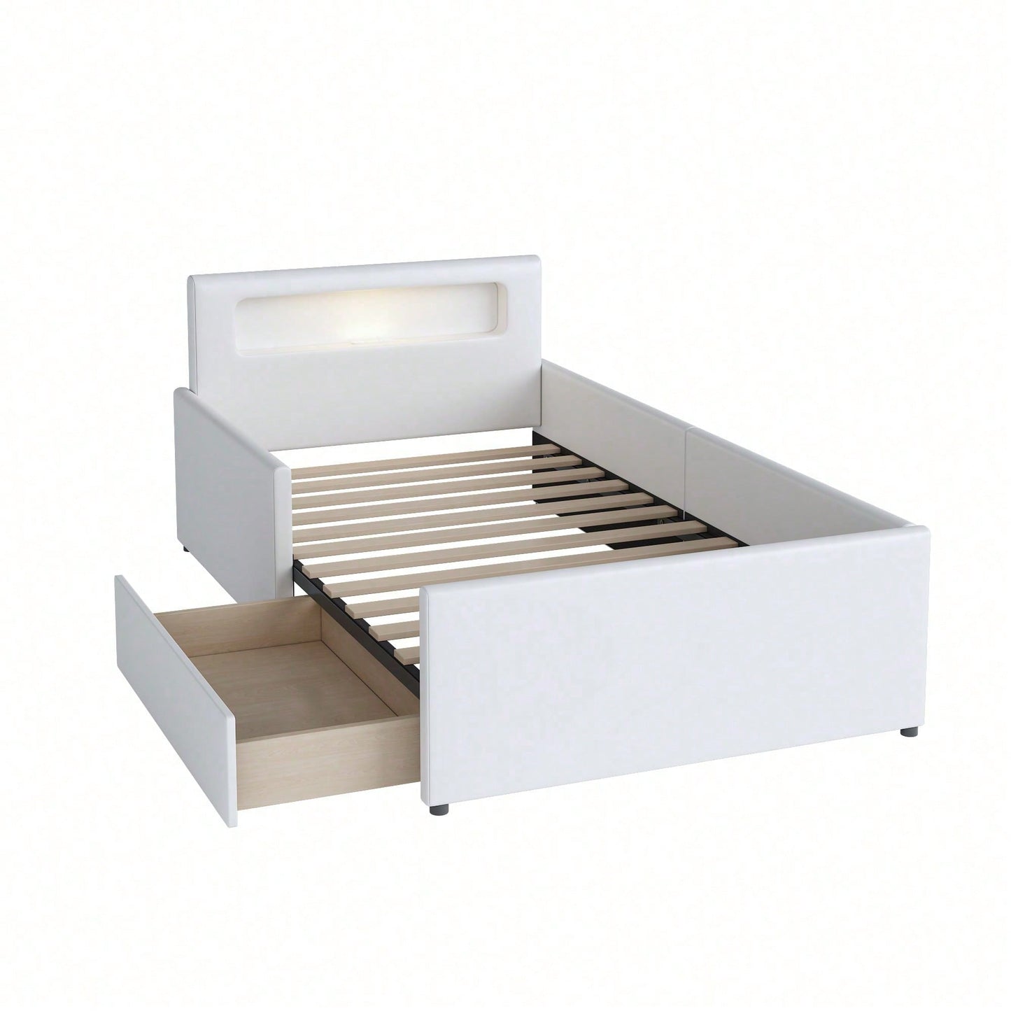 Polsterbett Kinderbett 90*200 cm, Mit Nachtlicht und USB-Ladeanschluss, Mit Ablagefächern, Erhöhte Seitenteile zur Sicherheit, Einfaches Einzelbett, Jungen- und Mädchenbett, Kunstlederstoff, Beige