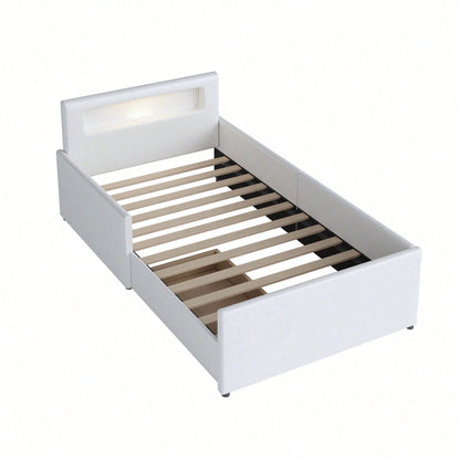 Polsterbett Kinderbett 90*200 cm, Mit Nachtlicht und USB-Ladeanschluss, Mit Ablagefächern, Erhöhte Seitenteile zur Sicherheit, Einfaches Einzelbett, Jungen- und Mädchenbett, Kunstlederstoff, Beige