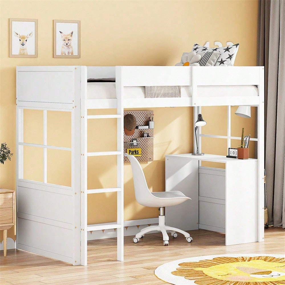 Hochbett aus Holz 90*200cm, Sicherheitstreppe, mit Tisch, hohes Zaundesign, Einzelbett, Kinderbett, weiß