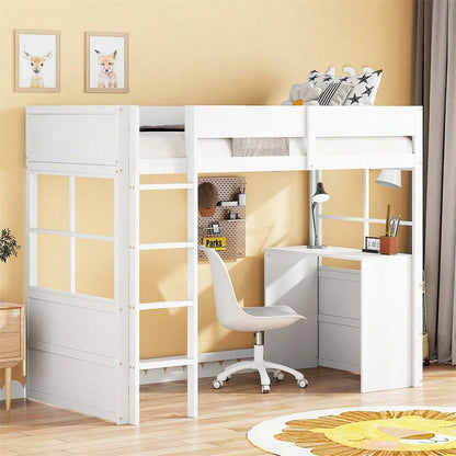 Hochbett aus Holz 90*200cm, Sicherheitstreppe, mit Tisch, hohes Zaundesign, Einzelbett, Kinderbett, weiß