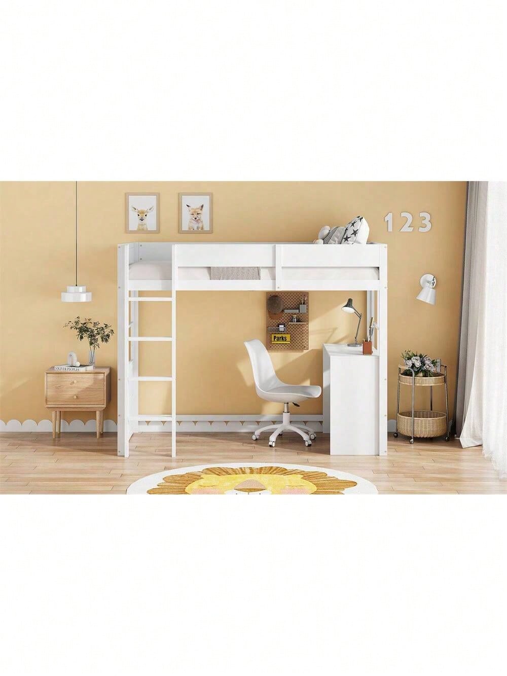 Hochbett aus Holz 90*200cm, Sicherheitstreppe, mit Tisch, hohes Zaundesign, Einzelbett, Kinderbett, weiß