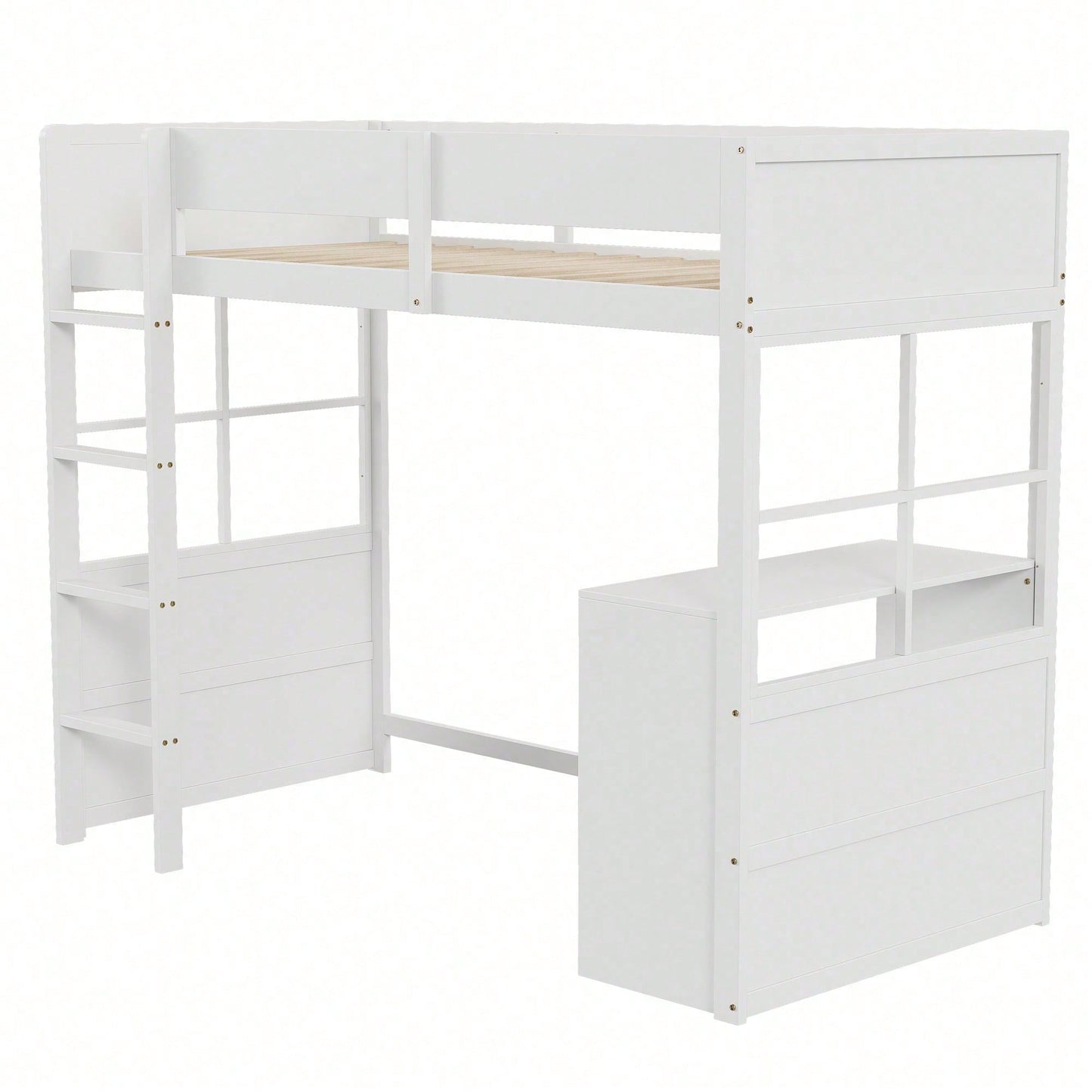 Hochbett aus Holz 90*200cm, Sicherheitstreppe, mit Tisch, hohes Zaundesign, Einzelbett, Kinderbett, weiß