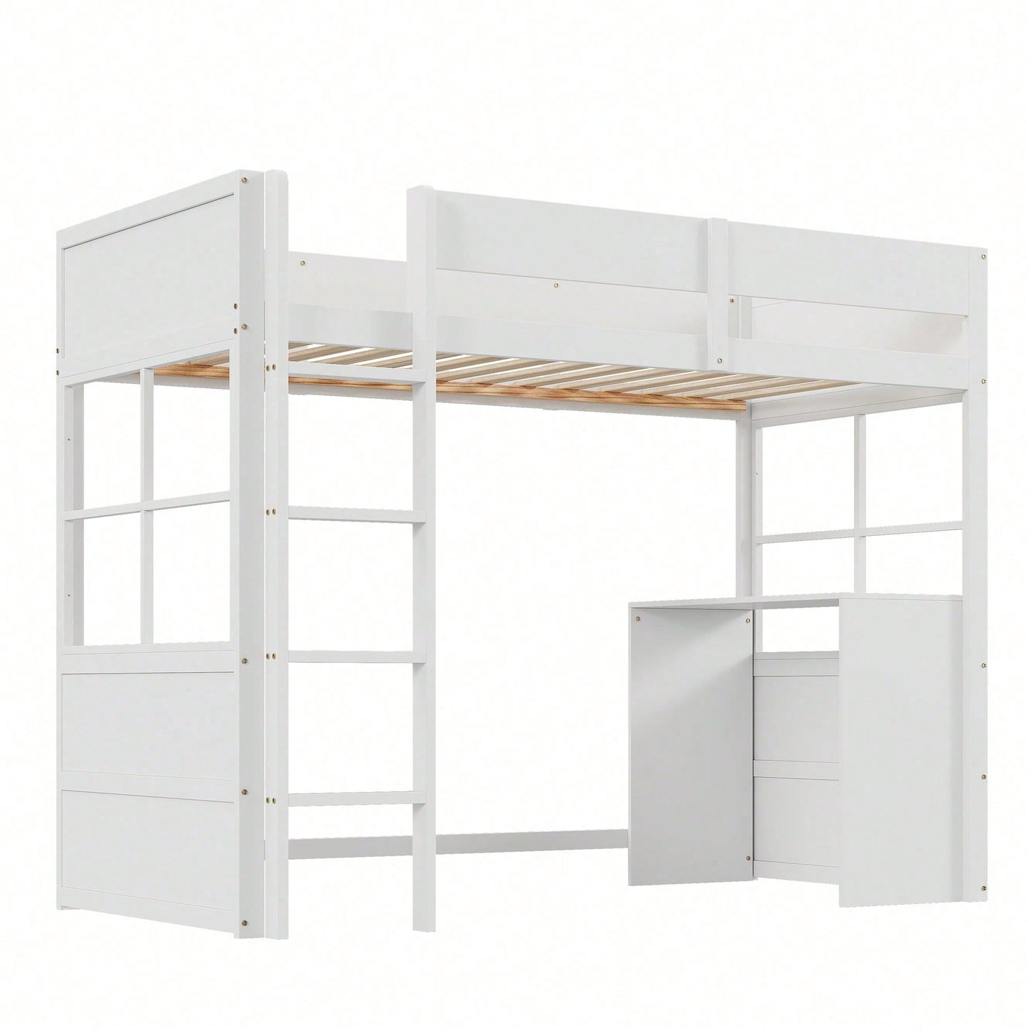 Hochbett aus Holz 90*200cm, Sicherheitstreppe, mit Tisch, hohes Zaundesign, Einzelbett, Kinderbett, weiß