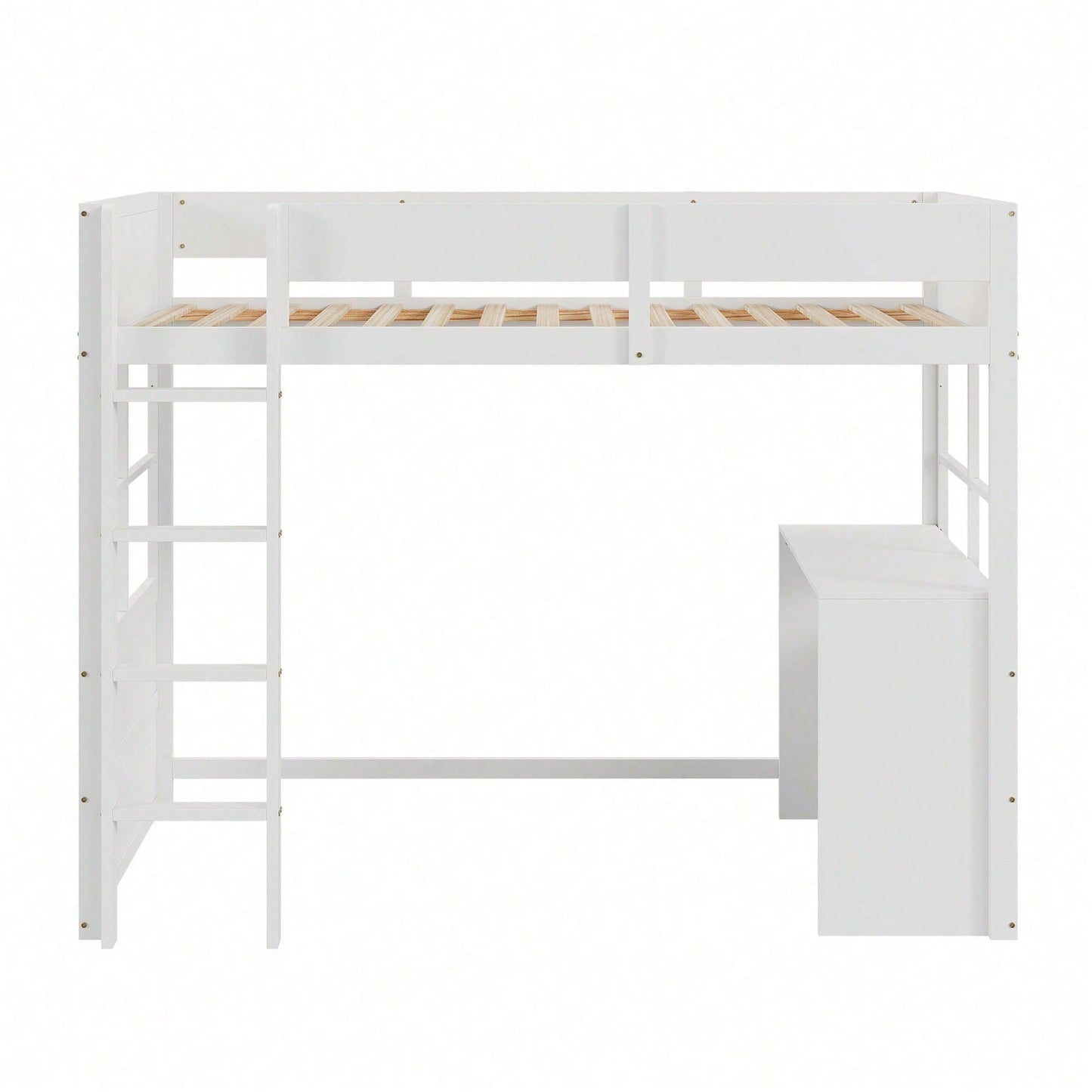Hochbett aus Holz 90*200cm, Sicherheitstreppe, mit Tisch, hohes Zaundesign, Einzelbett, Kinderbett, weiß