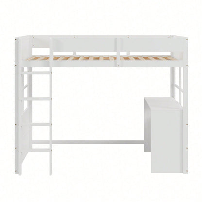 Hochbett aus Holz 90*200cm, Sicherheitstreppe, mit Tisch, hohes Zaundesign, Einzelbett, Kinderbett, weiß