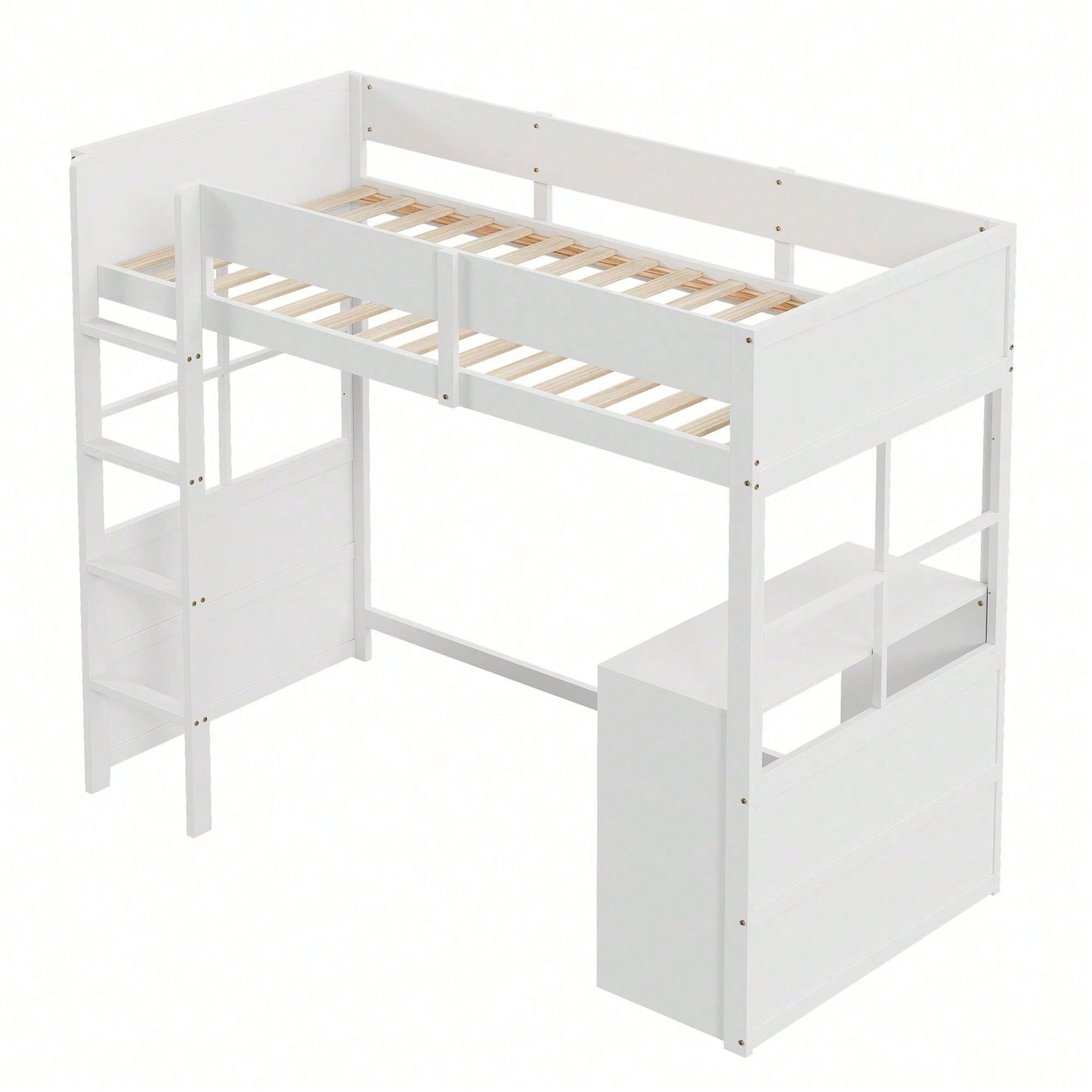 Hochbett aus Holz 90*200cm, Sicherheitstreppe, mit Tisch, hohes Zaundesign, Einzelbett, Kinderbett, weiß