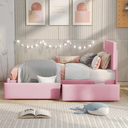 Polsterbett 90 x 200 cm Bett mit Lattenrost, Rückenlehne und zwei Schubladen, hautfreundlicher Samtstoff Beige flaches Einzelbett Kinderbett Jugendbett Gästebett
