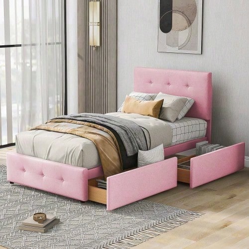 Polsterbett 90 x 200 cm Bett mit Lattenrost, Rückenlehne und zwei Schubladen, hautfreundlicher Samtstoff Beige flaches Einzelbett Kinderbett Jugendbett Gästebett