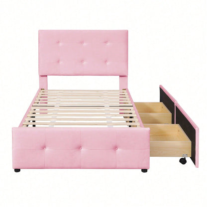 Polsterbett 90 x 200 cm Bett mit Lattenrost, Rückenlehne und zwei Schubladen, hautfreundlicher Samtstoff Beige flaches Einzelbett Kinderbett Jugendbett Gästebett