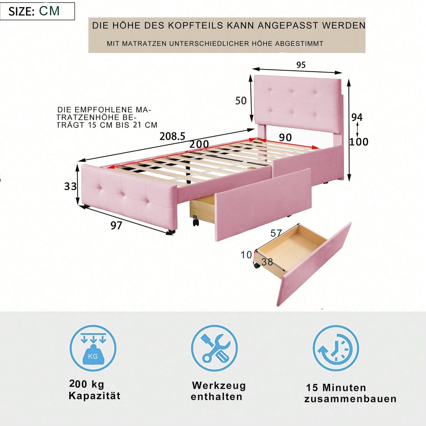 Polsterbett 90 x 200 cm Bett mit Lattenrost, Rückenlehne und zwei Schubladen, hautfreundlicher Samtstoff Beige flaches Einzelbett Kinderbett Jugendbett Gästebett