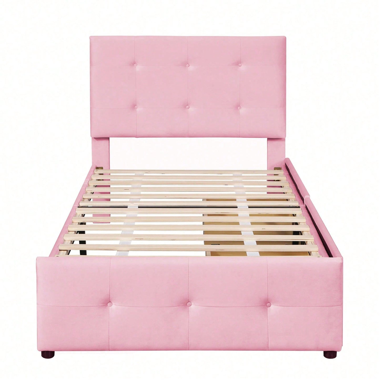 Polsterbett 90 x 200 cm Bett mit Lattenrost, Rückenlehne und zwei Schubladen, hautfreundlicher Samtstoff Beige flaches Einzelbett Kinderbett Jugendbett Gästebett