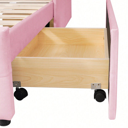 Polsterbett 90 x 200 cm Bett mit Lattenrost, Rückenlehne und zwei Schubladen, hautfreundlicher Samtstoff Beige flaches Einzelbett Kinderbett Jugendbett Gästebett