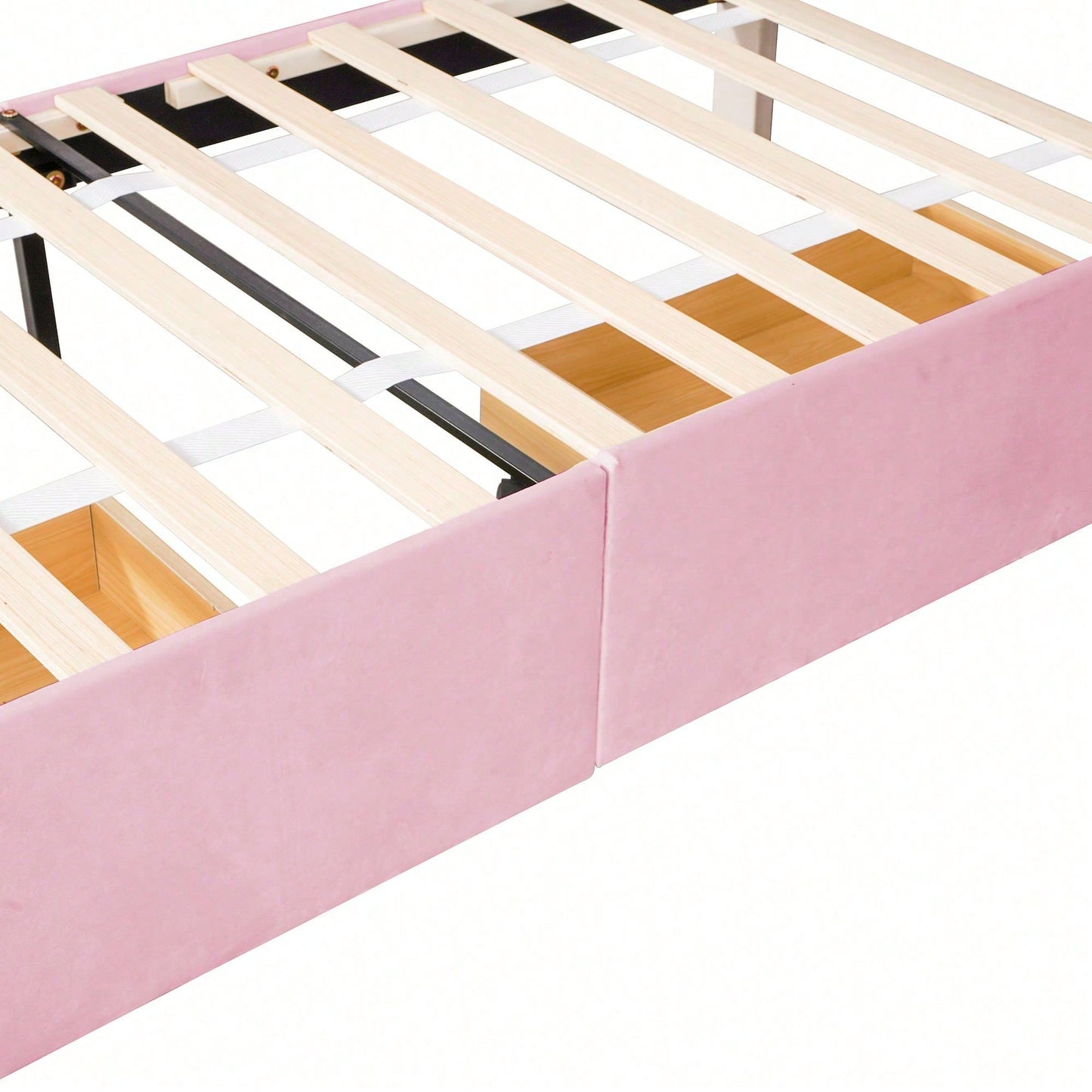Polsterbett 90 x 200 cm Bett mit Lattenrost, Rückenlehne und zwei Schubladen, hautfreundlicher Samtstoff Beige flaches Einzelbett Kinderbett Jugendbett Gästebett