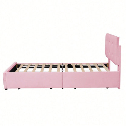 Polsterbett 90 x 200 cm Bett mit Lattenrost, Rückenlehne und zwei Schubladen, hautfreundlicher Samtstoff Beige flaches Einzelbett Kinderbett Jugendbett Gästebett