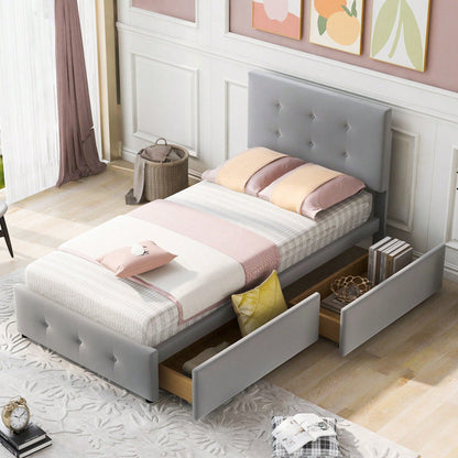 Polsterbett 90 x 200 cm Bett mit Lattenrost, Rückenlehne und zwei Schubladen, hautfreundlicher Samtstoff Beige flaches Einzelbett Kinderbett Jugendbett Gästebett