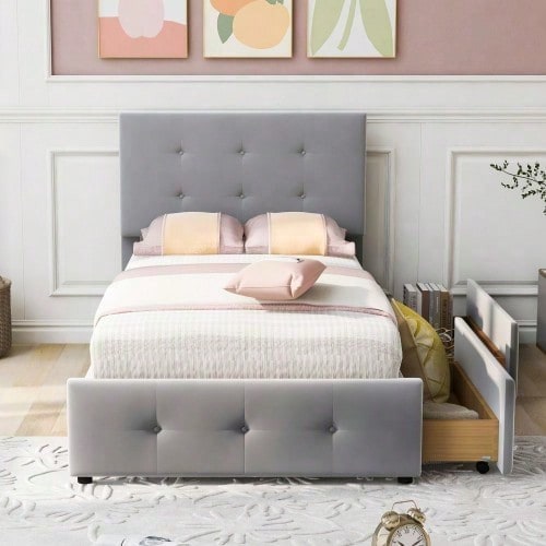 Polsterbett 90 x 200 cm Bett mit Lattenrost, Rückenlehne und zwei Schubladen, hautfreundlicher Samtstoff Beige flaches Einzelbett Kinderbett Jugendbett Gästebett