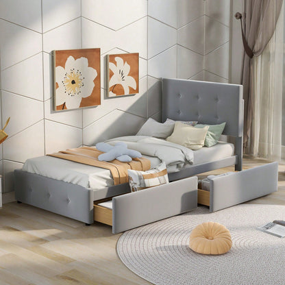 Polsterbett 90 x 200 cm Bett mit Lattenrost, Rückenlehne und zwei Schubladen, hautfreundlicher Samtstoff Beige flaches Einzelbett Kinderbett Jugendbett Gästebett