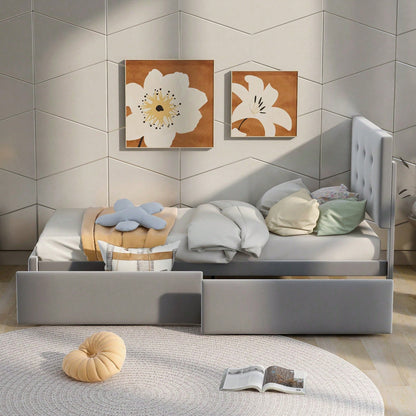 Polsterbett 90 x 200 cm Bett mit Lattenrost, Rückenlehne und zwei Schubladen, hautfreundlicher Samtstoff Beige flaches Einzelbett Kinderbett Jugendbett Gästebett