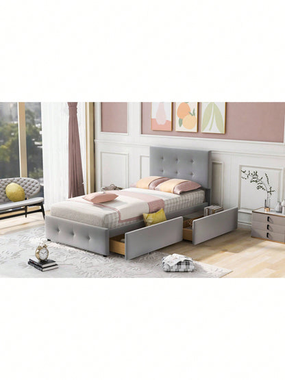 Polsterbett 90 x 200 cm Bett mit Lattenrost, Rückenlehne und zwei Schubladen, hautfreundlicher Samtstoff Beige flaches Einzelbett Kinderbett Jugendbett Gästebett