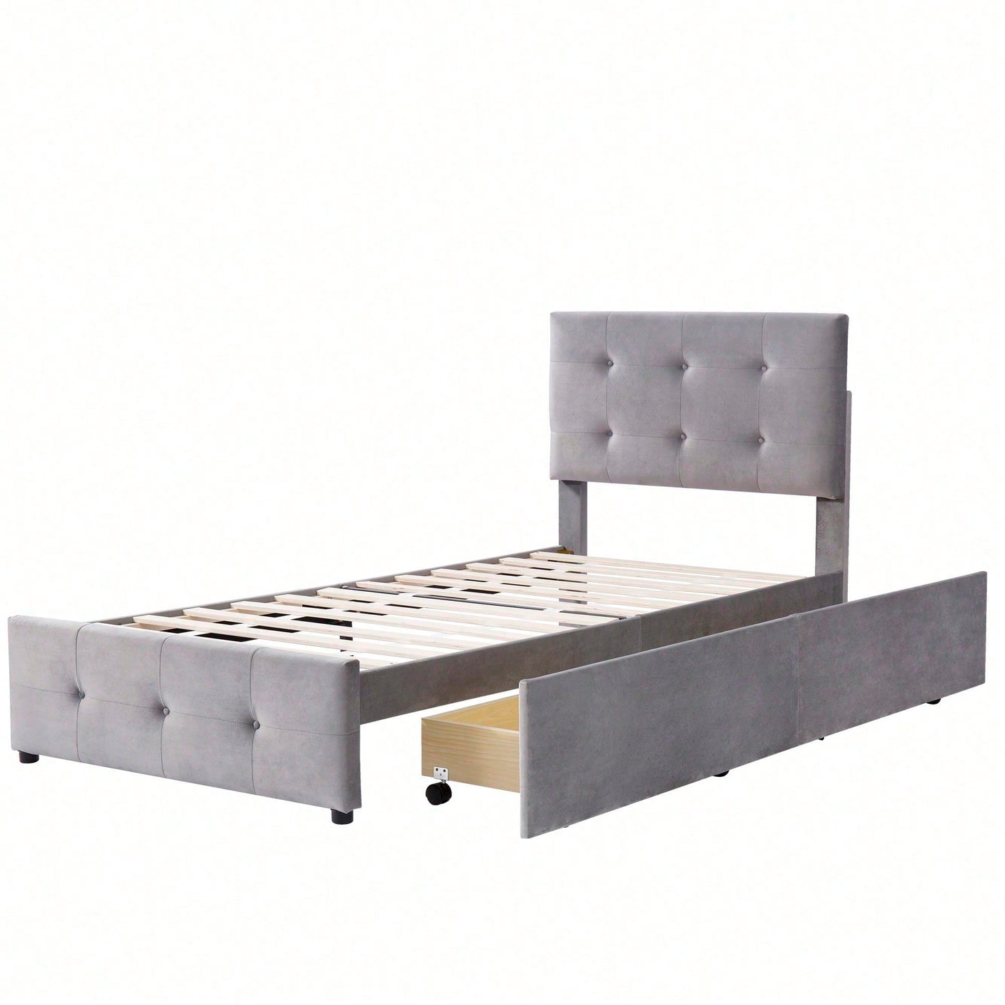 Polsterbett 90 x 200 cm Bett mit Lattenrost, Rückenlehne und zwei Schubladen, hautfreundlicher Samtstoff Beige flaches Einzelbett Kinderbett Jugendbett Gästebett