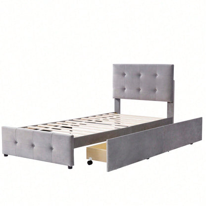 Polsterbett 90 x 200 cm Bett mit Lattenrost, Rückenlehne und zwei Schubladen, hautfreundlicher Samtstoff Beige flaches Einzelbett Kinderbett Jugendbett Gästebett