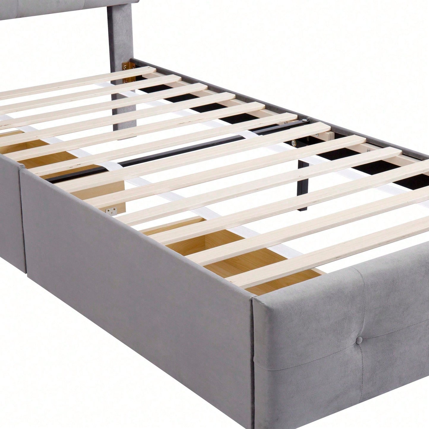 Polsterbett 90 x 200 cm Bett mit Lattenrost, Rückenlehne und zwei Schubladen, hautfreundlicher Samtstoff Beige flaches Einzelbett Kinderbett Jugendbett Gästebett