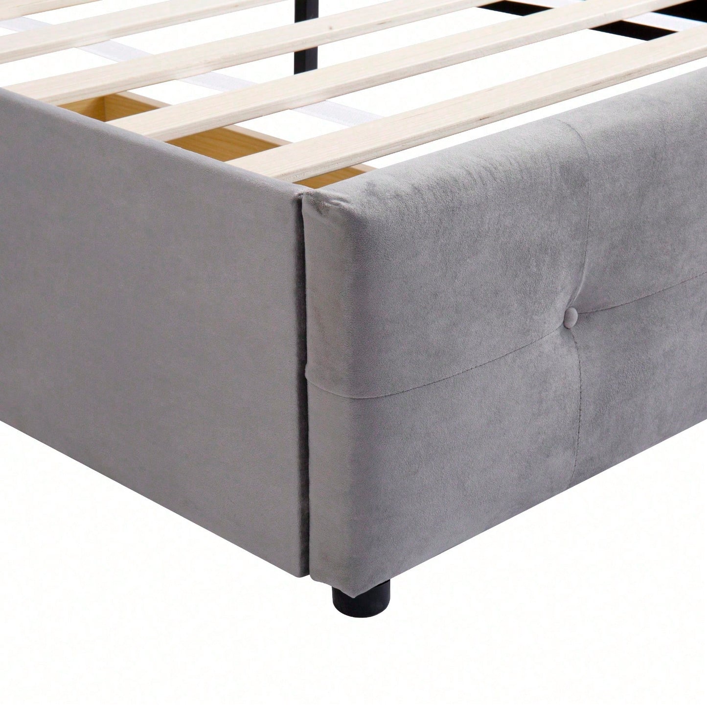 Polsterbett 90 x 200 cm Bett mit Lattenrost, Rückenlehne und zwei Schubladen, hautfreundlicher Samtstoff Beige flaches Einzelbett Kinderbett Jugendbett Gästebett