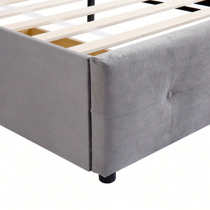 Polsterbett 90 x 200 cm Bett mit Lattenrost, Rückenlehne und zwei Schubladen, hautfreundlicher Samtstoff Beige flaches Einzelbett Kinderbett Jugendbett Gästebett
