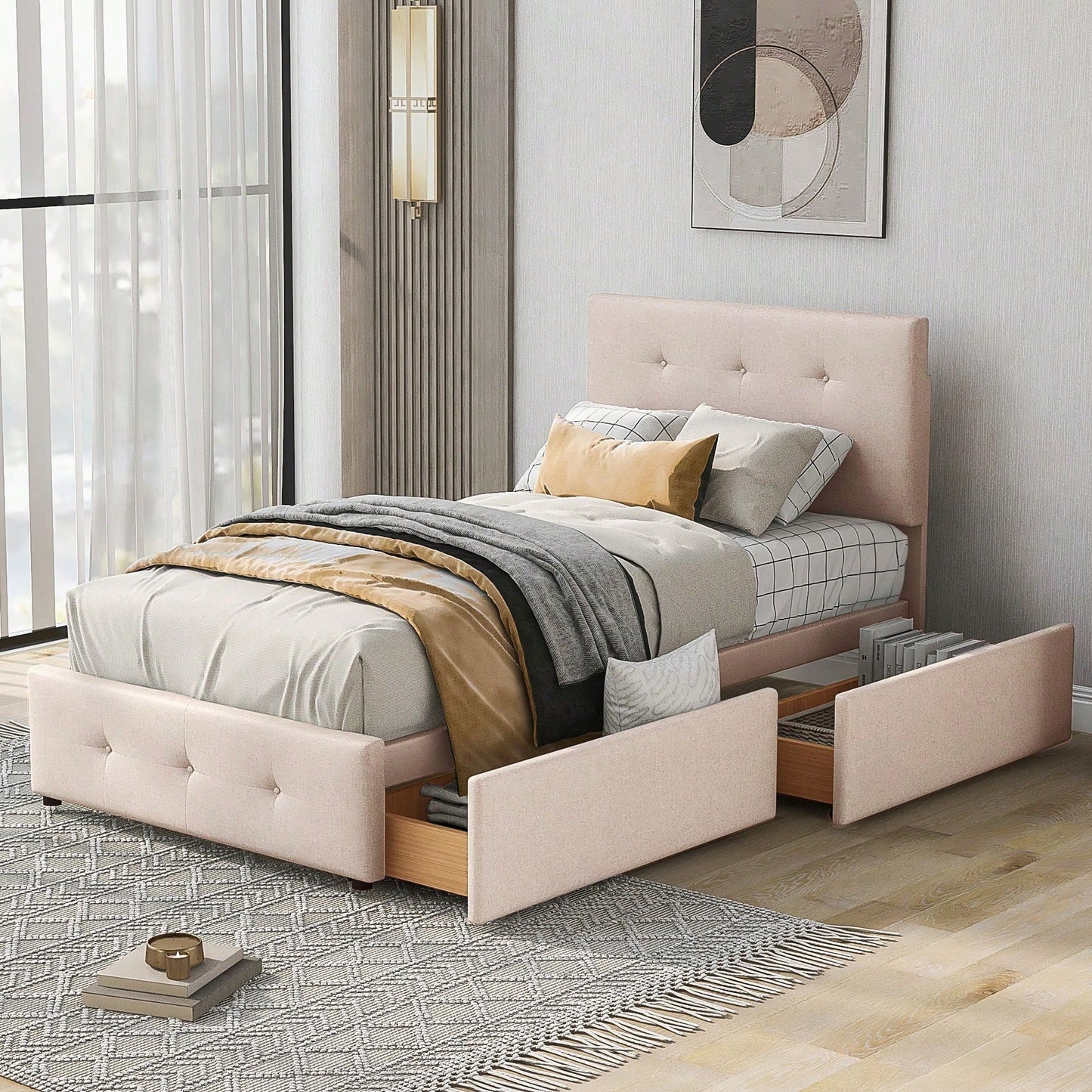 Polsterbett 90 x 200 cm Bett mit Lattenrost, Rückenlehne und zwei Schubladen, hautfreundlicher Samtstoff Beige flaches Einzelbett Kinderbett Jugendbett Gästebett