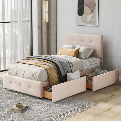 Polsterbett 90 x 200 cm Bett mit Lattenrost, Rückenlehne und zwei Schubladen, hautfreundlicher Samtstoff Beige flaches Einzelbett Kinderbett Jugendbett Gästebett