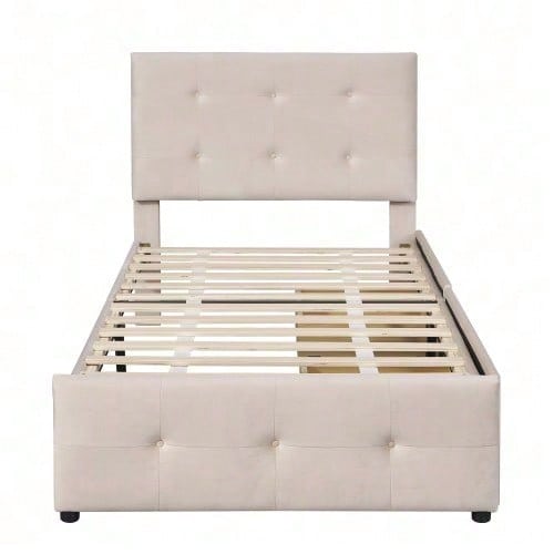 Polsterbett 90 x 200 cm Bett mit Lattenrost, Rückenlehne und zwei Schubladen, hautfreundlicher Samtstoff Beige flaches Einzelbett Kinderbett Jugendbett Gästebett