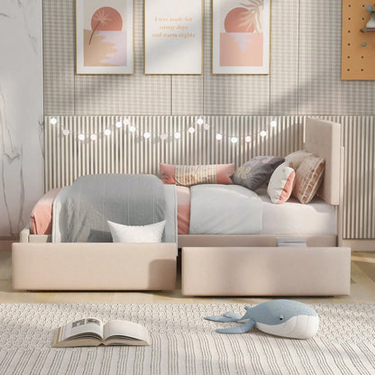 Polsterbett 90 x 200 cm Bett mit Lattenrost, Rückenlehne und zwei Schubladen, hautfreundlicher Samtstoff Beige flaches Einzelbett Kinderbett Jugendbett Gästebett