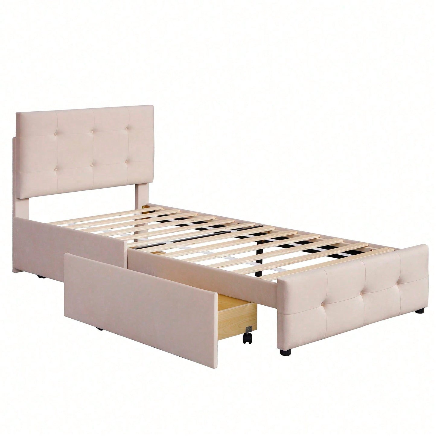 Polsterbett 90 x 200 cm Bett mit Lattenrost, Rückenlehne und zwei Schubladen, hautfreundlicher Samtstoff Beige flaches Einzelbett Kinderbett Jugendbett Gästebett