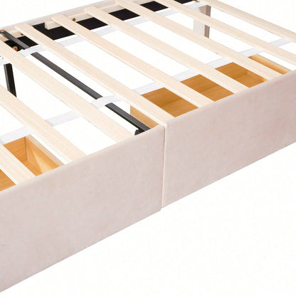 Polsterbett 90 x 200 cm Bett mit Lattenrost, Rückenlehne und zwei Schubladen, hautfreundlicher Samtstoff Beige flaches Einzelbett Kinderbett Jugendbett Gästebett