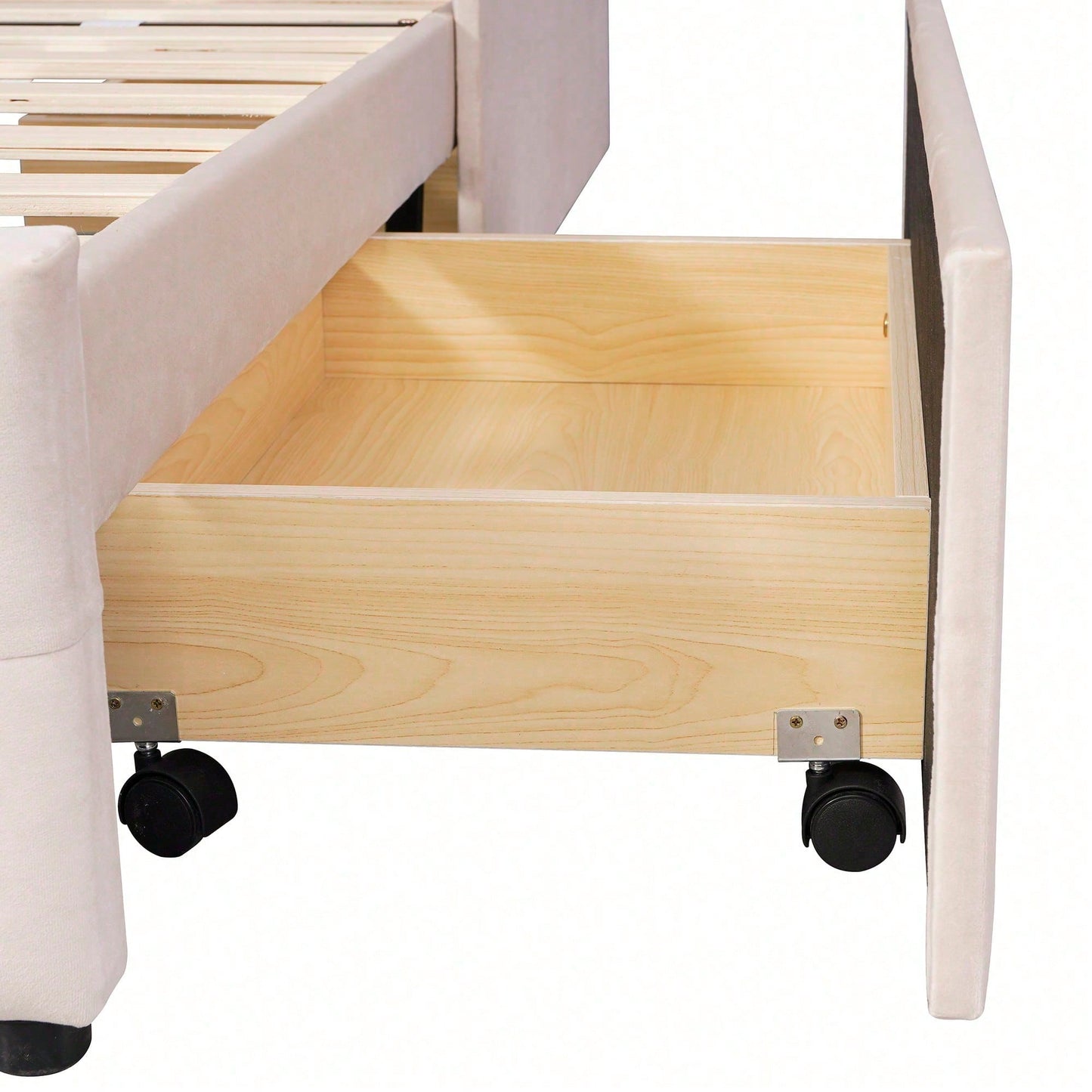 Polsterbett 90 x 200 cm Bett mit Lattenrost, Rückenlehne und zwei Schubladen, hautfreundlicher Samtstoff Beige flaches Einzelbett Kinderbett Jugendbett Gästebett