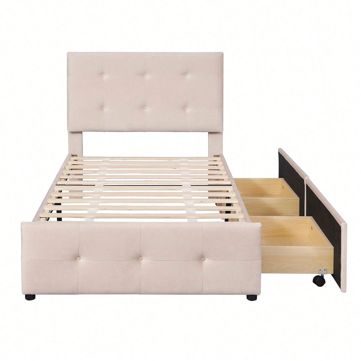 Polsterbett 90 x 200 cm Bett mit Lattenrost, Rückenlehne und zwei Schubladen, hautfreundlicher Samtstoff Beige flaches Einzelbett Kinderbett Jugendbett Gästebett