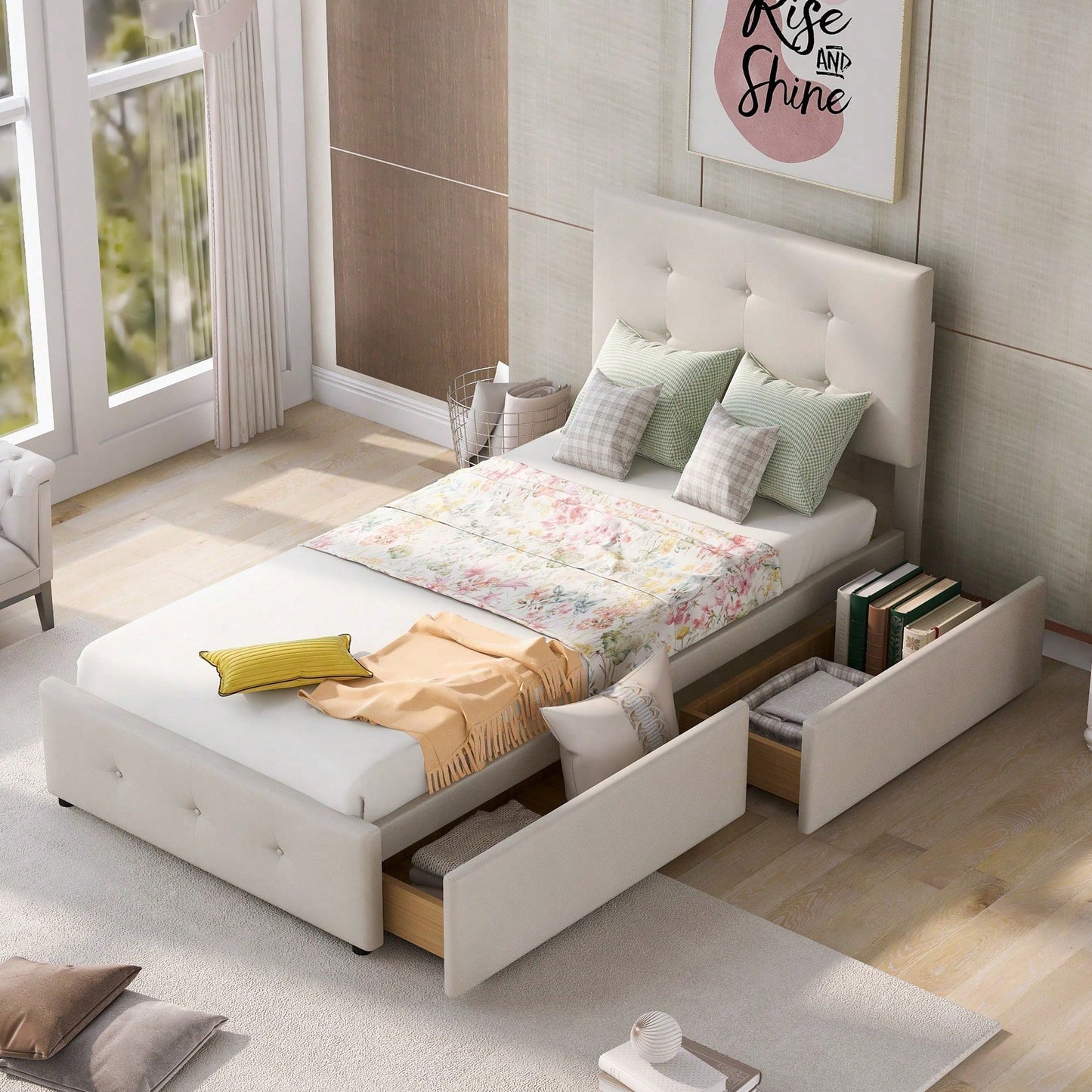 Polsterbett 90 x 200 cm Bett mit Lattenrost, Rückenlehne und zwei Schubladen, hautfreundlicher Samtstoff Beige flaches Einzelbett Kinderbett Jugendbett Gästebett