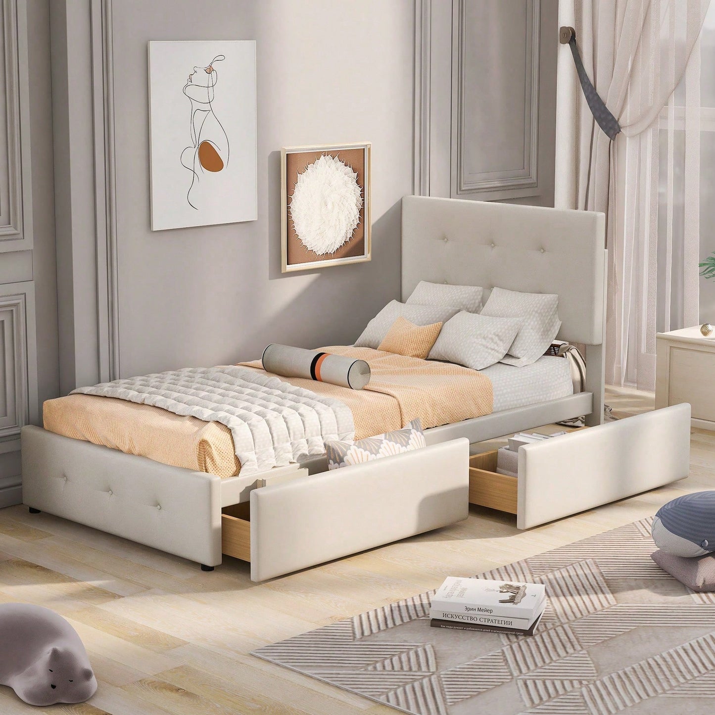 Polsterbett 90 x 200 cm Bett mit Lattenrost, Rückenlehne und zwei Schubladen, hautfreundlicher Samtstoff Beige flaches Einzelbett Kinderbett Jugendbett Gästebett